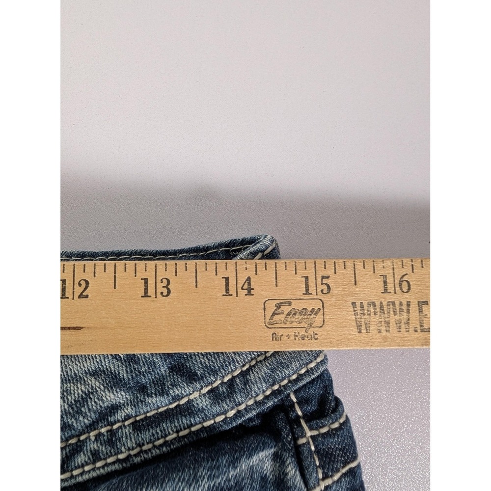 Miss Me Distressed Skinny Jeans in Dark Blue with Red Patch Accents - Picture 14 of 16